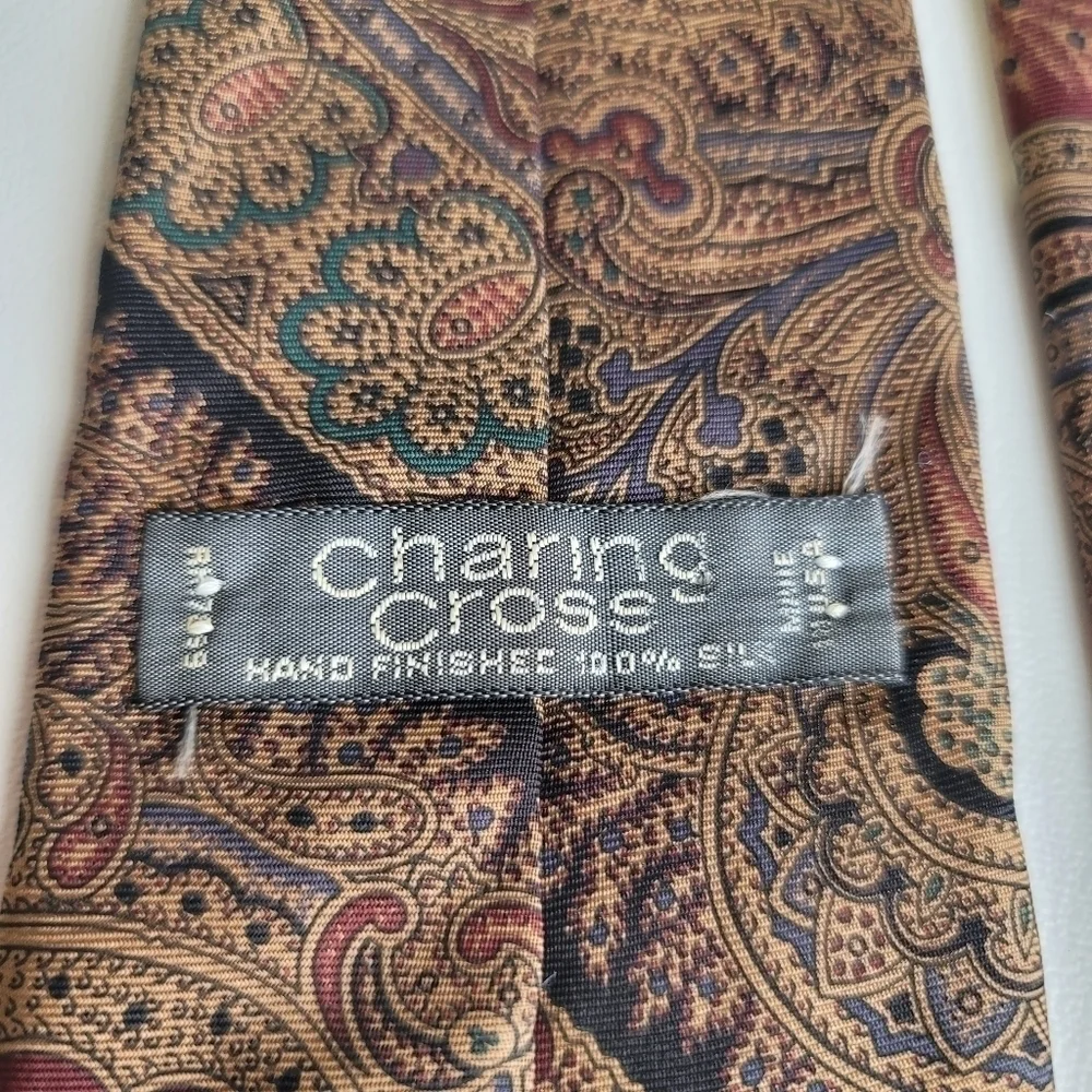 Charing Cross Mens Tie Red Green Gold Tan Paisley 100% Silk Hand Finished